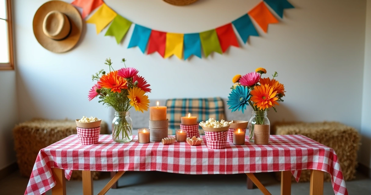 Mesa simples com decoração barata de festa junina cheia de cores em sala comunitária 