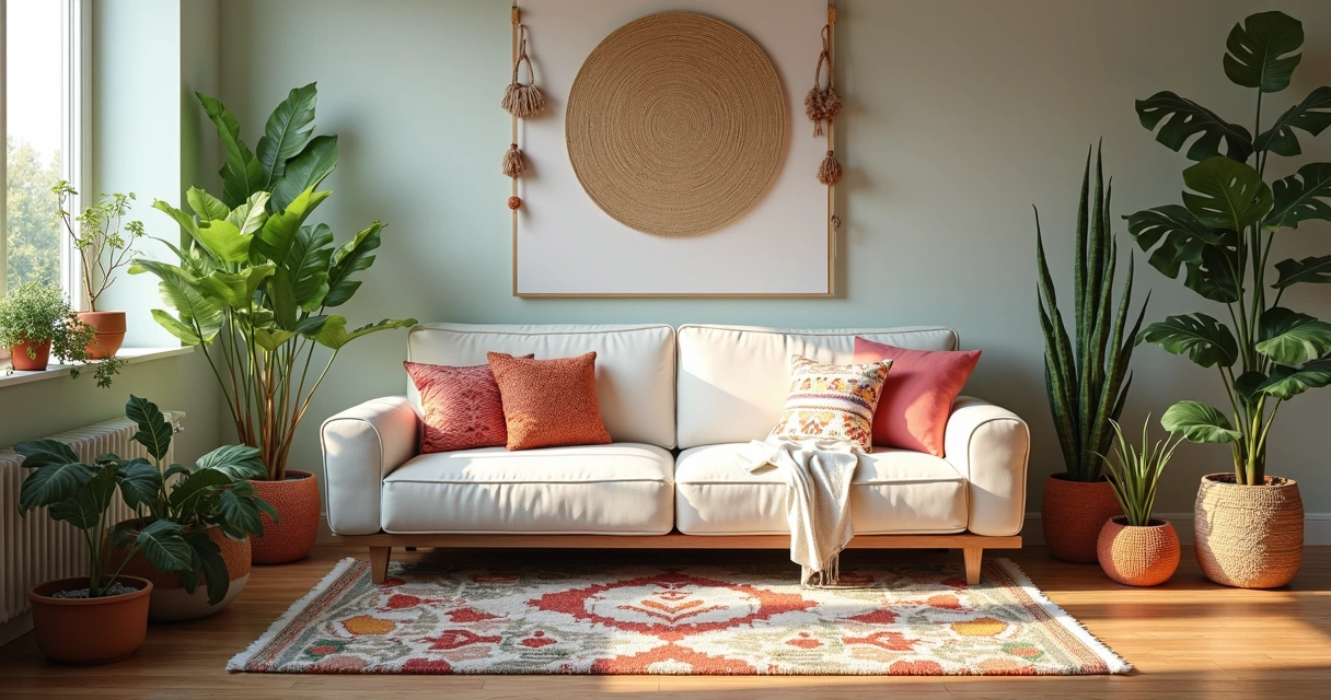 Sala boho com almofadas coloridas e muitas plantas em vasos cerâmicos 