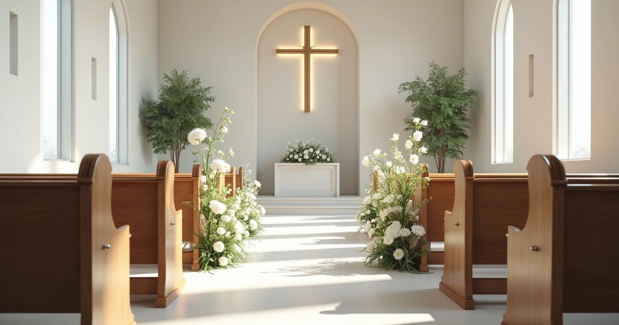 Decoração de casamento simples em igreja com arranjos de flores brancas. 