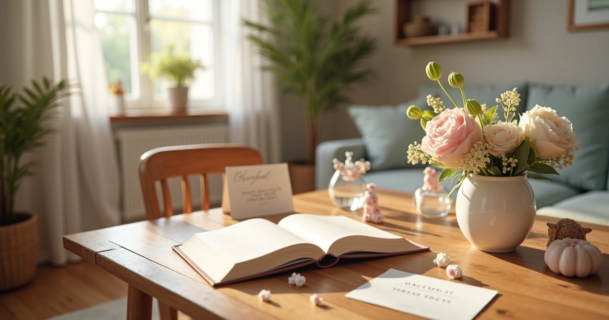 Mesa decorada com flores, bíblia aberta e elementos delicados para chá de bênçãos 