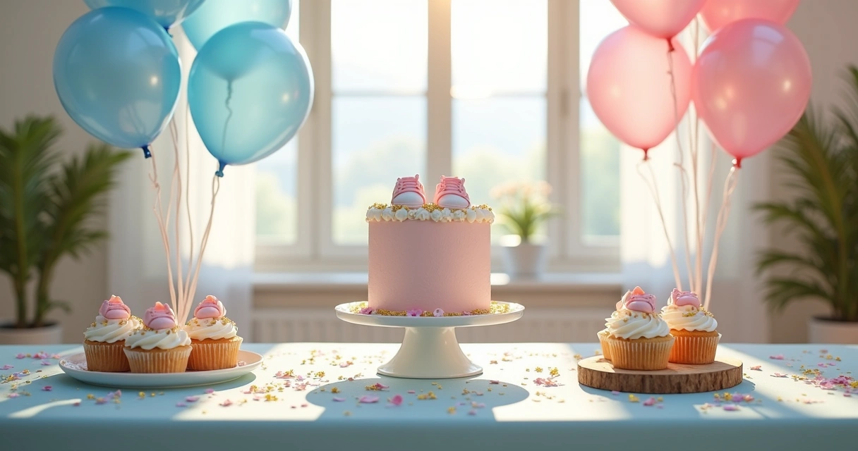 Mesa decorada para chá revelação com balões azuis e rosas e detalhes personalizados 