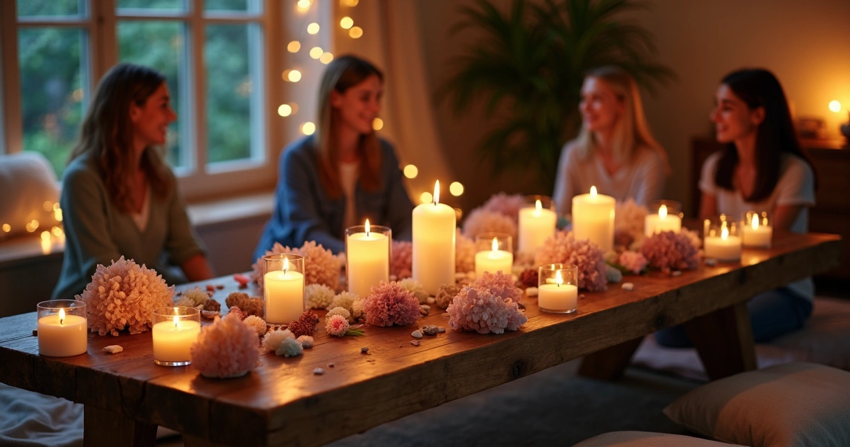 Velas acesas, cristais e flores em ambiente de autocuidado espiritual 
