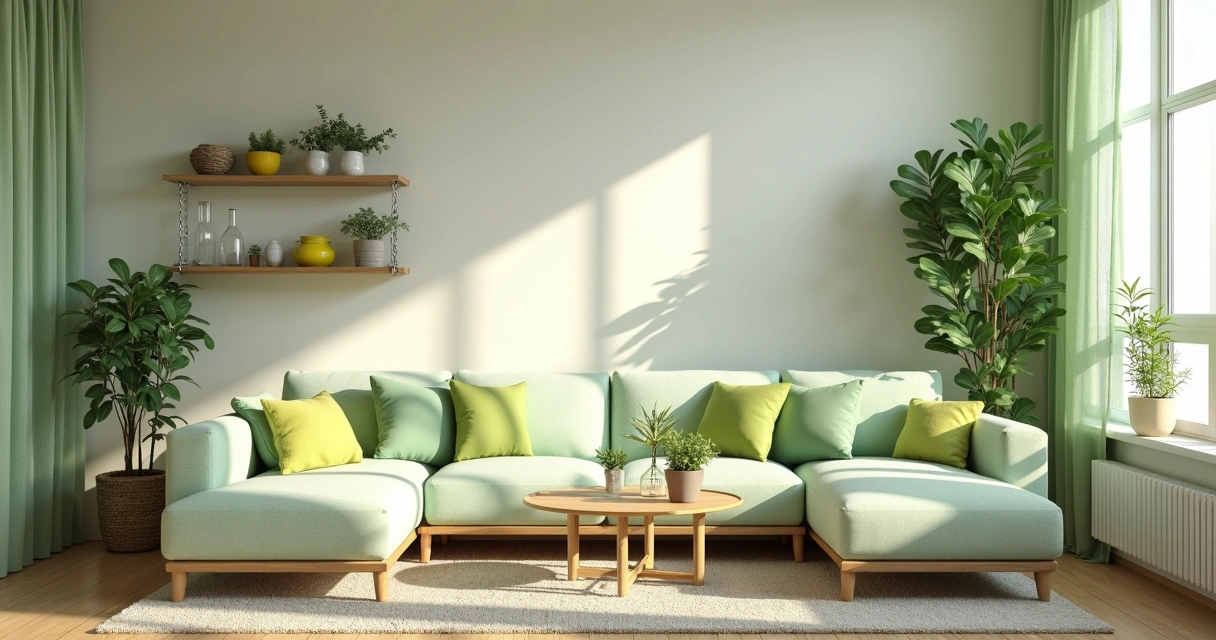 Sala decorada com almofadas verdes, cortinas claras e plantas naturais