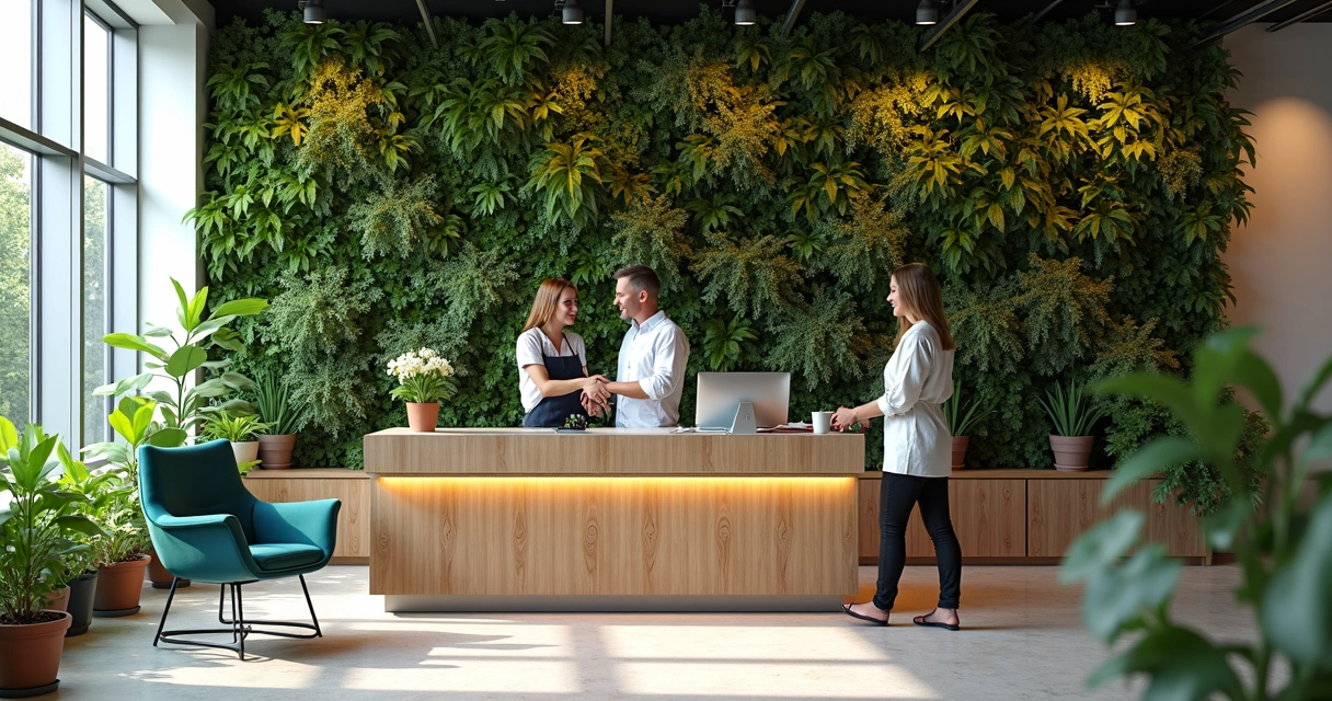 Ambiente de escritório decorado com jardim vertical e plantas ornamentais 