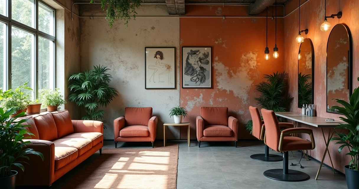 Sala de espera de salão de beleza com decoração antiga ao lado de área moderna 