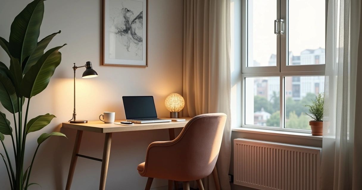 Cantinho de home office com mesa simples e cadeira confortável em apartamento decorado