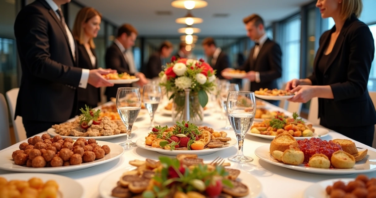 Buffet elegante montado para evento corporativo com decoração formal
