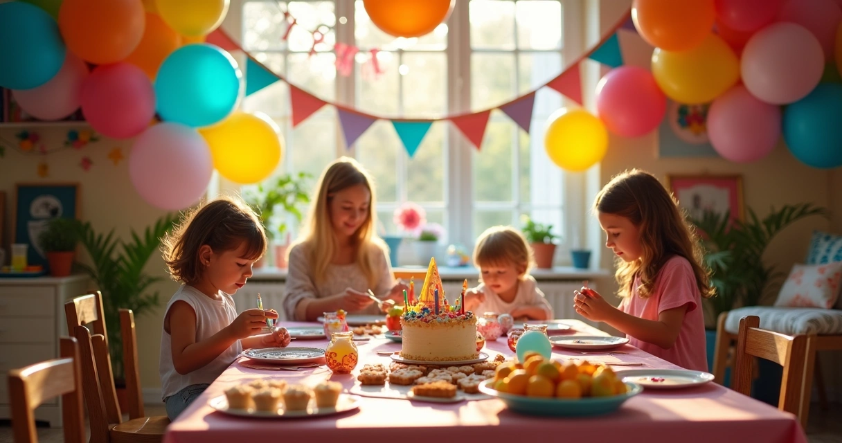 Decoração de festa colorida com balões e mesa montada 