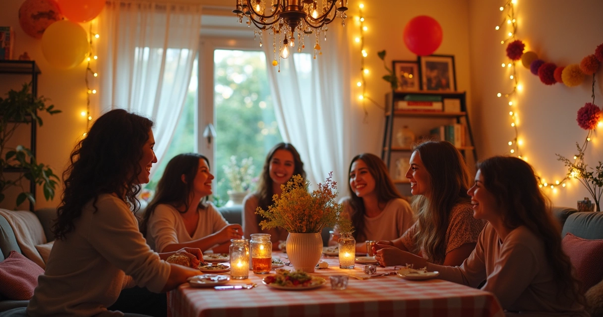 Decoração de festa com balões, tecidos e pisca-pisca criando um clima aconchegante 