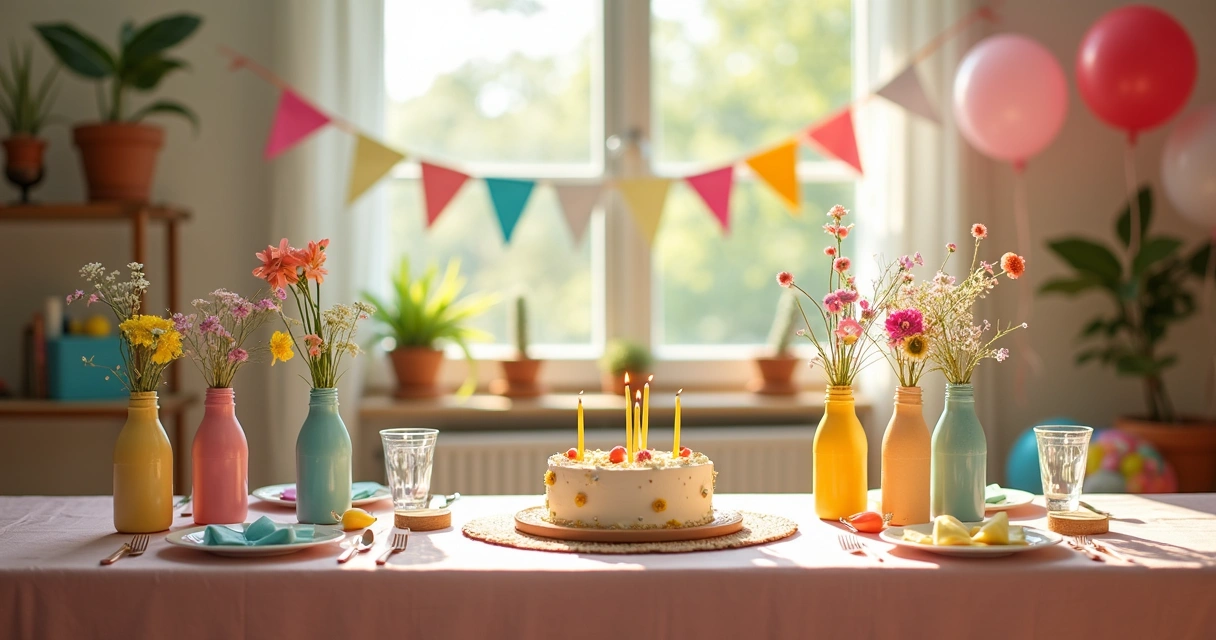 Mesa colorida com decoração criativa de festa infantil 