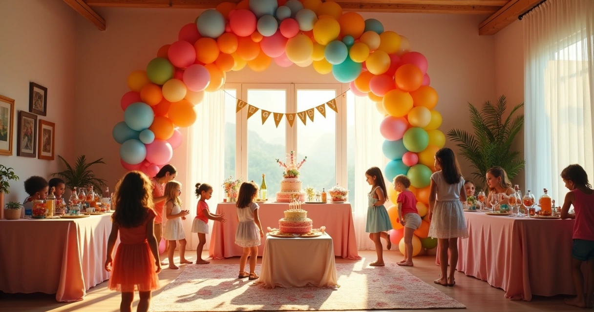 Salão de festas decorado com balões coloridos e bolo em destaque 