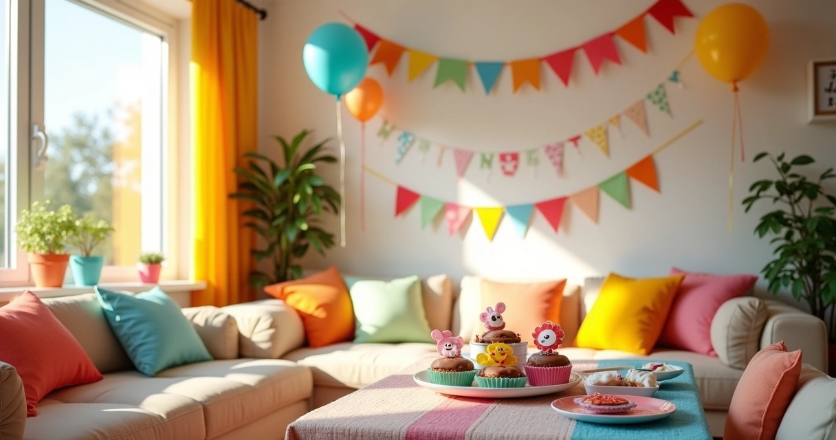 Decoração de festa infantil na sala de uma casa com balões coloridos e mesa de doces. 