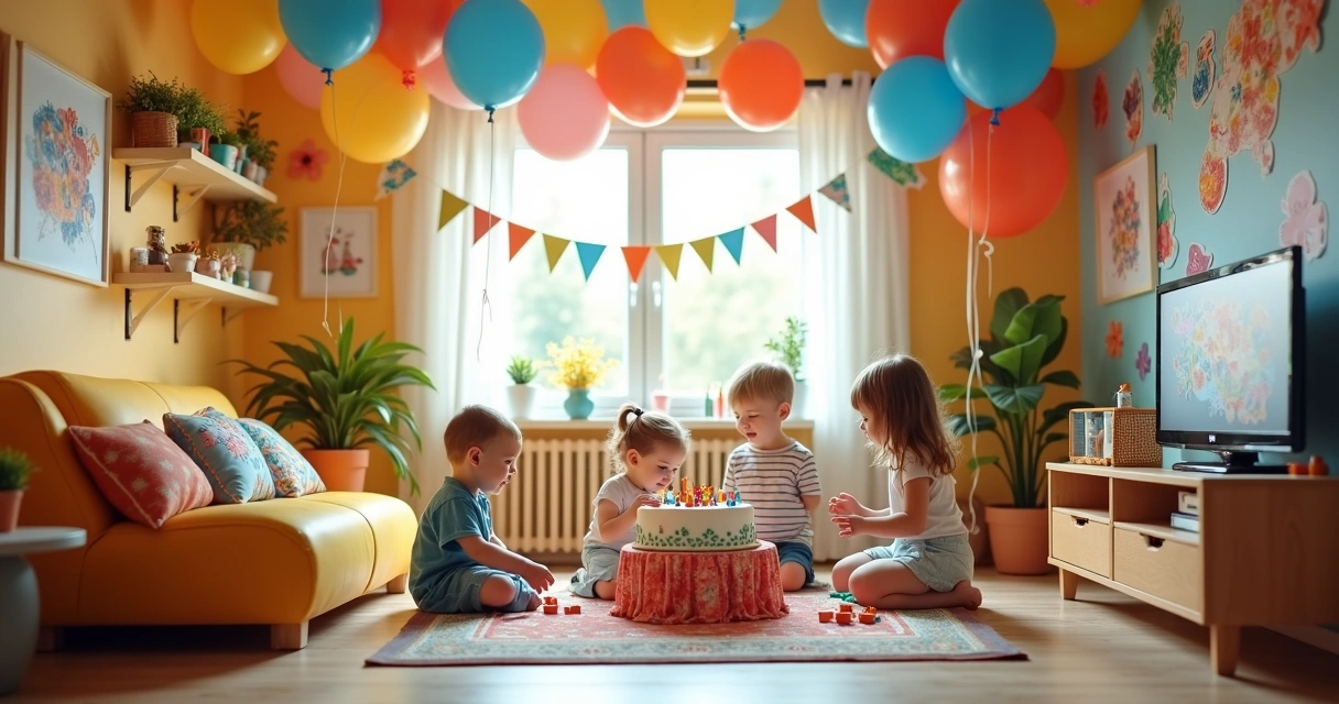 Sala pequena decorada com cores vibrantes e balões para festa de aniversário infantil 