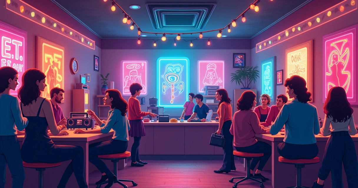 Decoração de festa com itens dos anos 80 e pôsteres de filmes antigos 