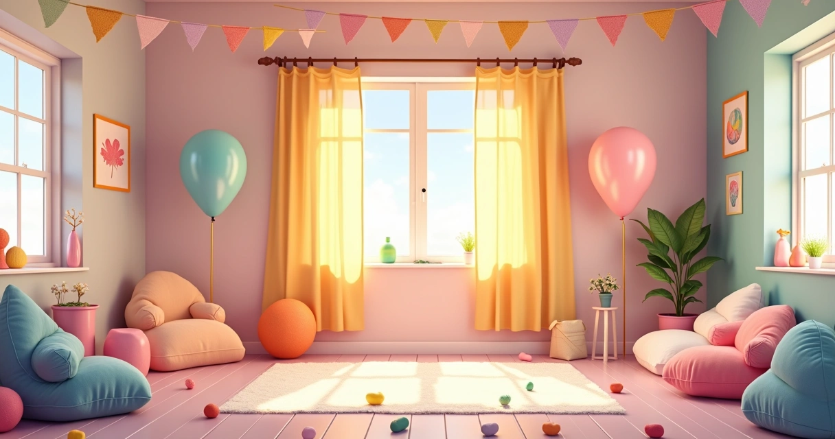 Decoração colorida de festa sensorial em sala espaçosa, com brinquedos de texturas diferentes e cantinhos acolhedores 