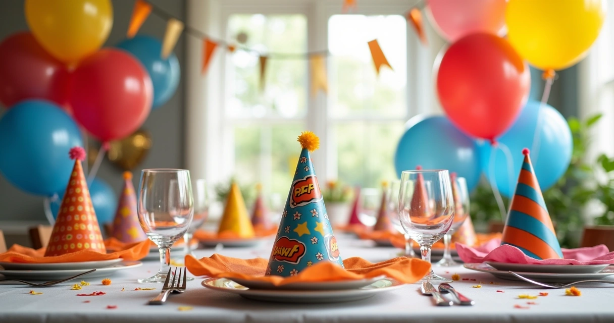 Mesa decorada com tema de festa e balões coloridos 