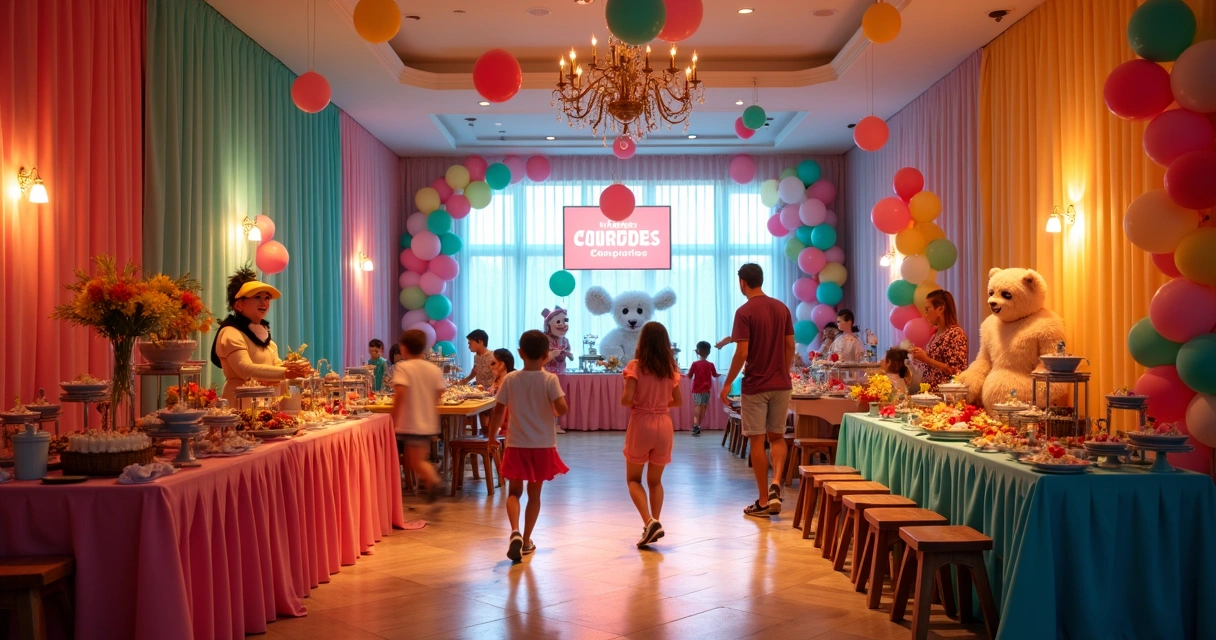 Espaço de festa infantil com decoração integrada ao buffet em Orlando 