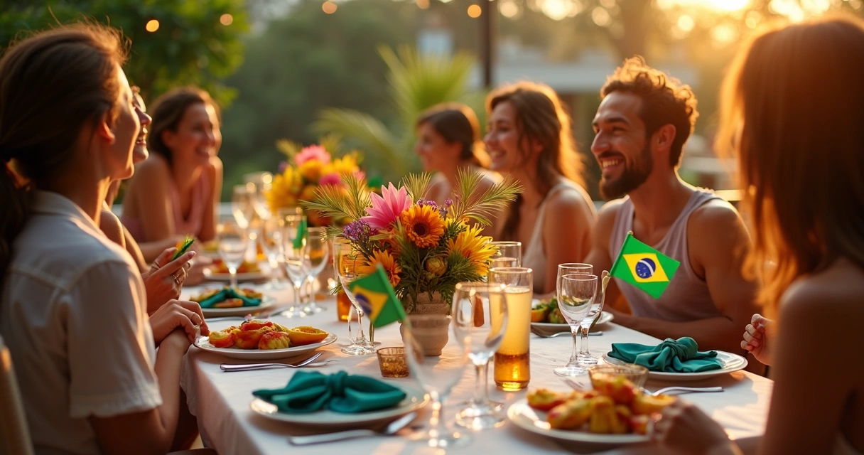 Mesa decorada com flores tropicais e itens brasileiros 