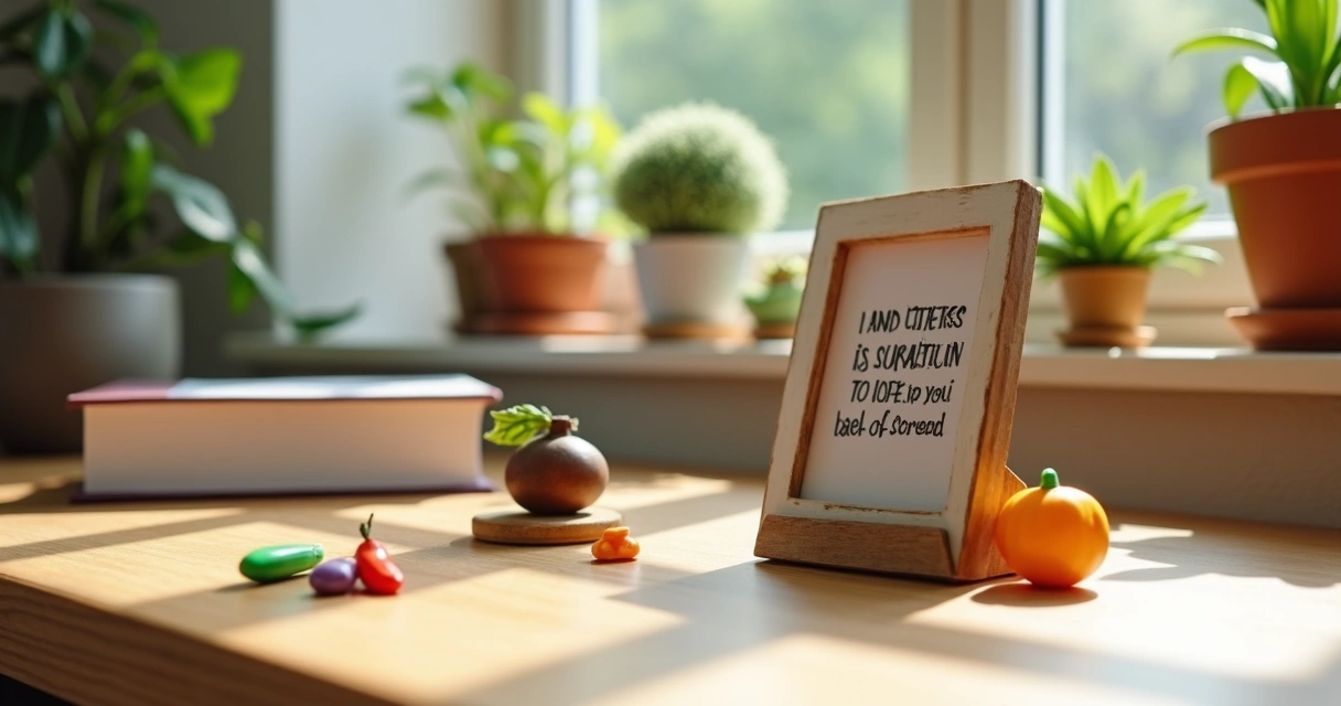Decoração de mesa para consultório de nutricionista, com mini escultura de alimento saudável. 