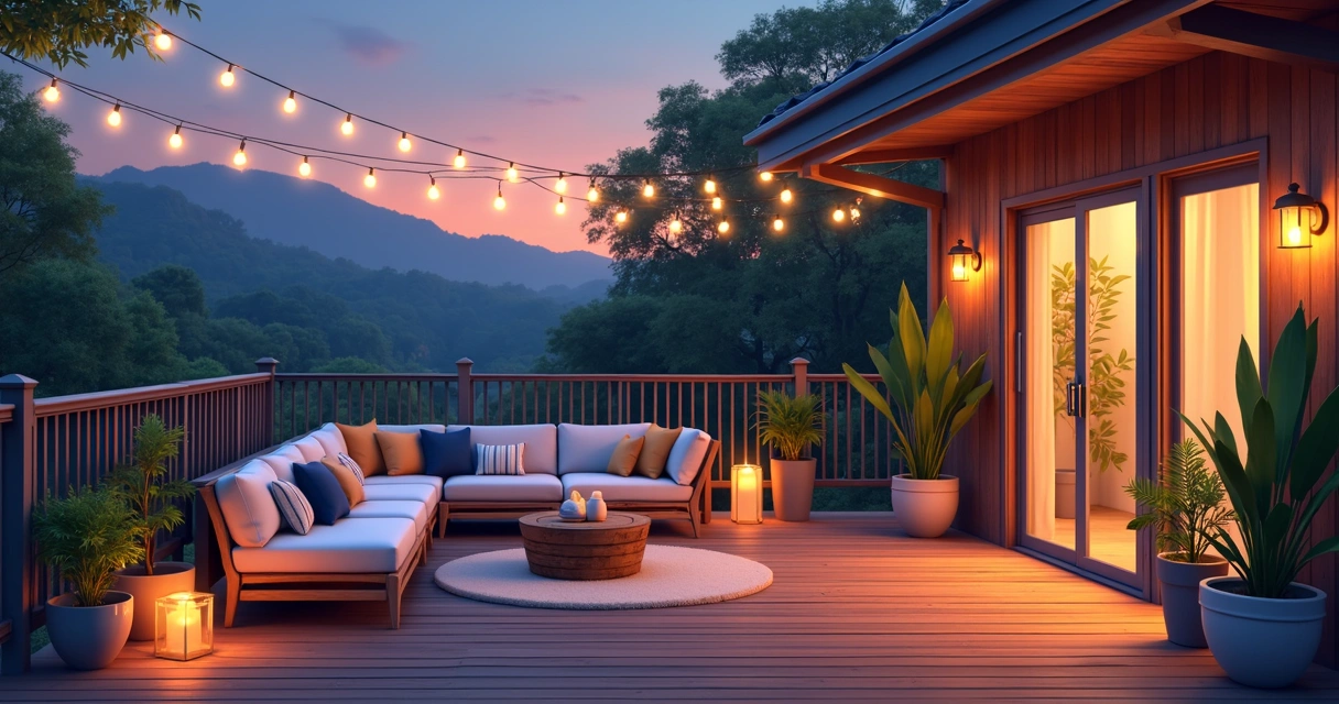 Mezanino externo de madeira decorado com plantas e luzes 