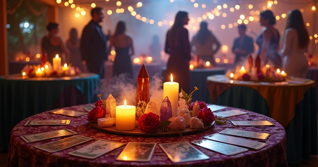 Decoração de festa com velas, flores e símbolos esotéricos 