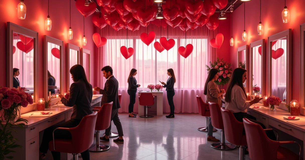 Decoração temática para salão em clima de Dia dos Namorados, com corações e detalhes em vermelho 