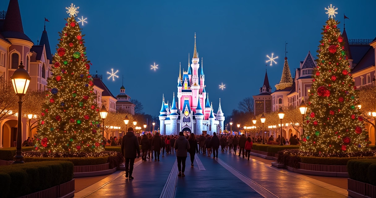 Parque da Disney decorado para o Natal com luzes coloridas e árvores iluminadas à noite