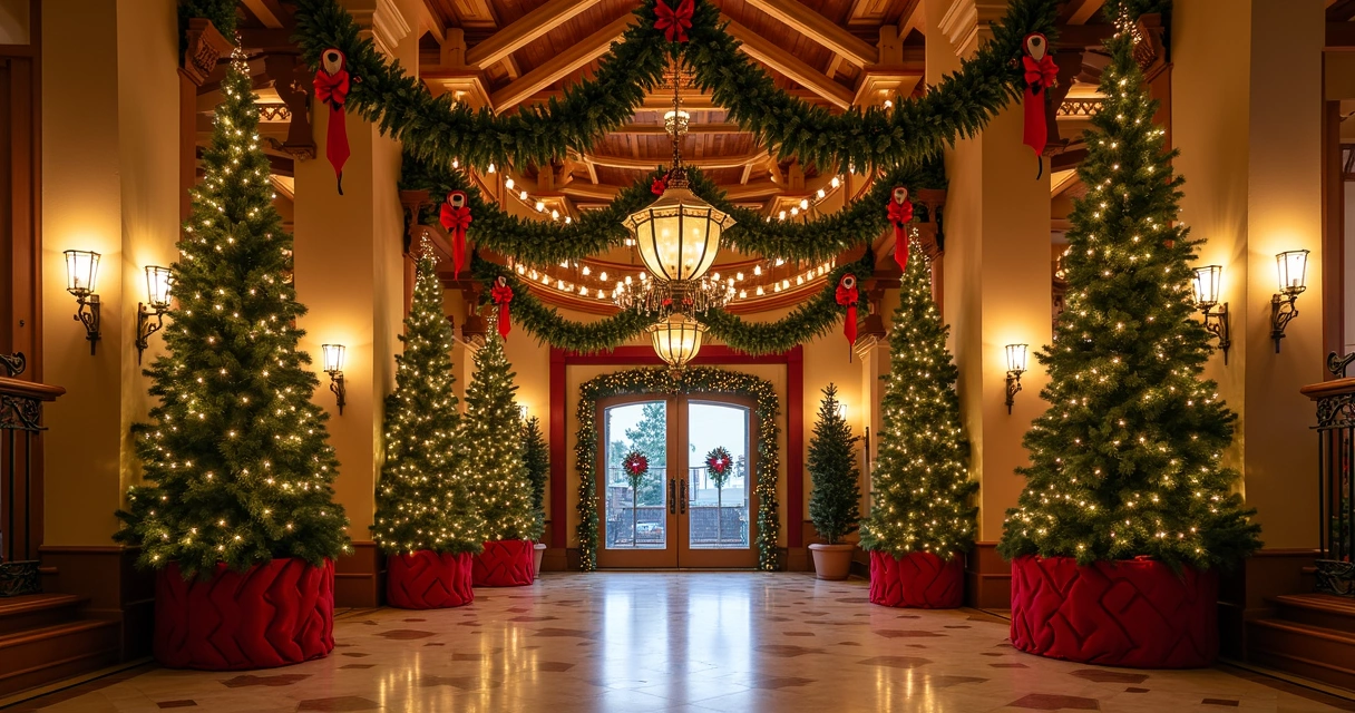 Entrada decorada com guirlandas e luzes de Natal em hotel Disney em Orlando 