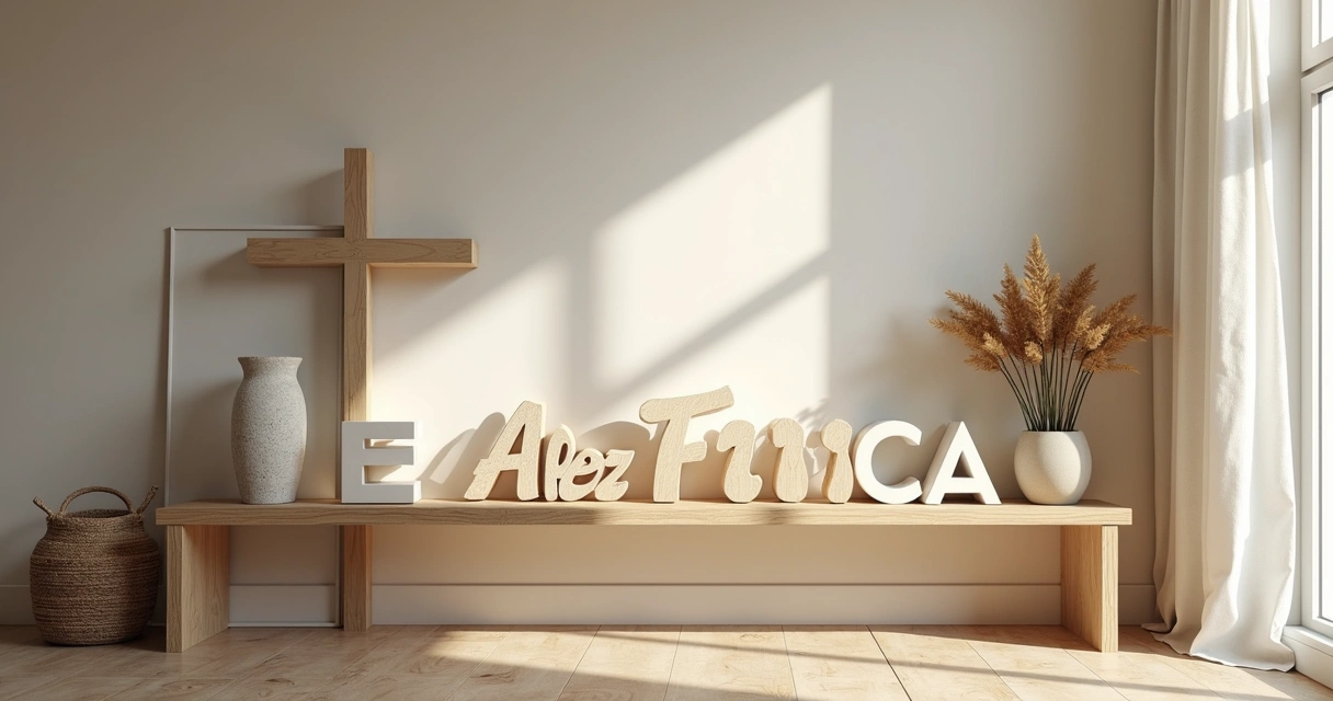 Prateleira com itens de decoração com palavras de fé e esperança 