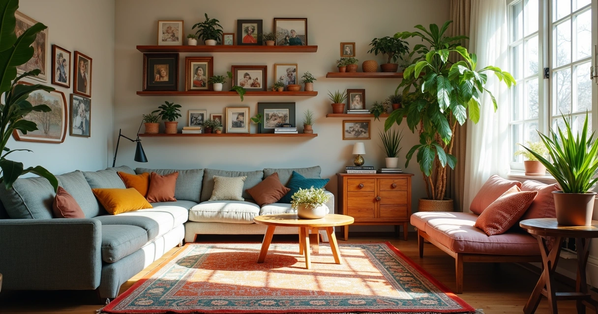Sala decorada de forma personalizada com objetos e plantas 