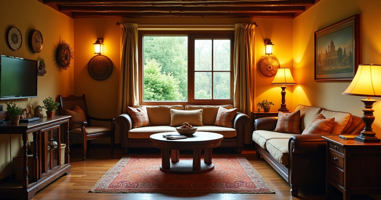 Decoração aconchegante e rústica de uma pousada pequena 