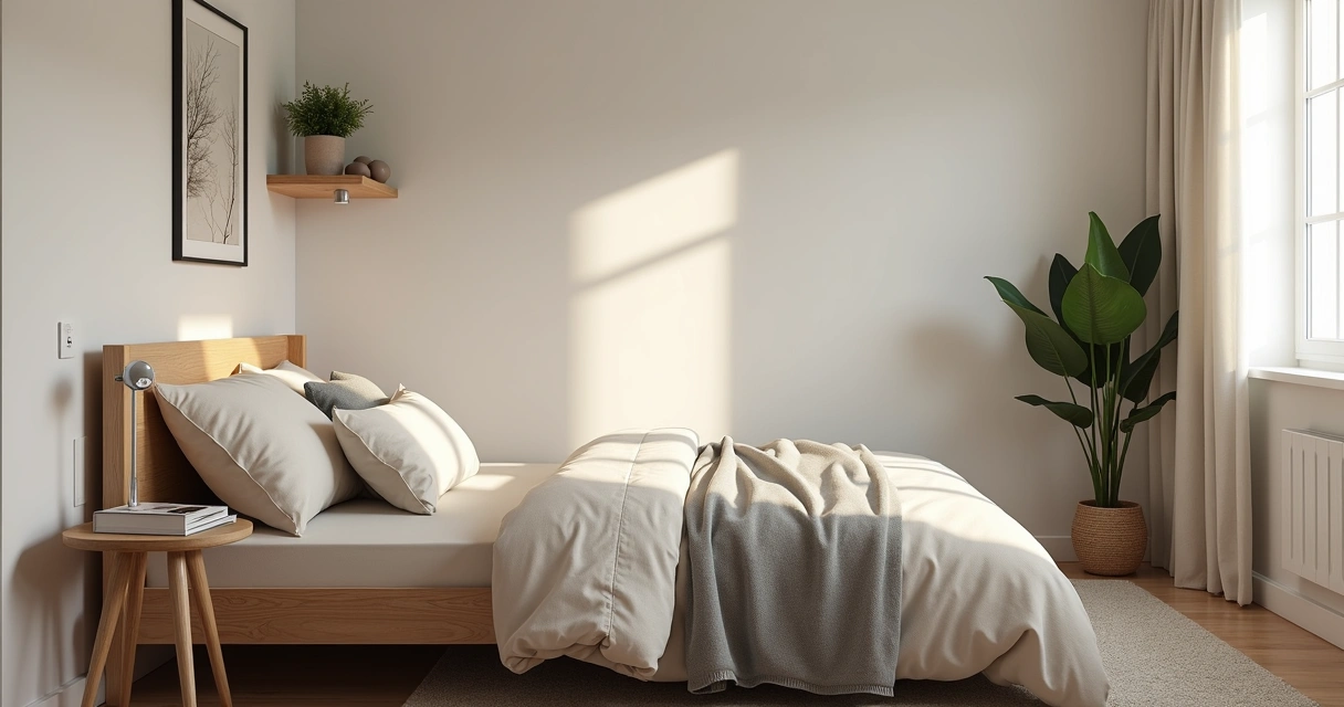 Quarto pequeno decorado com tons neutros e detalhes naturais. 