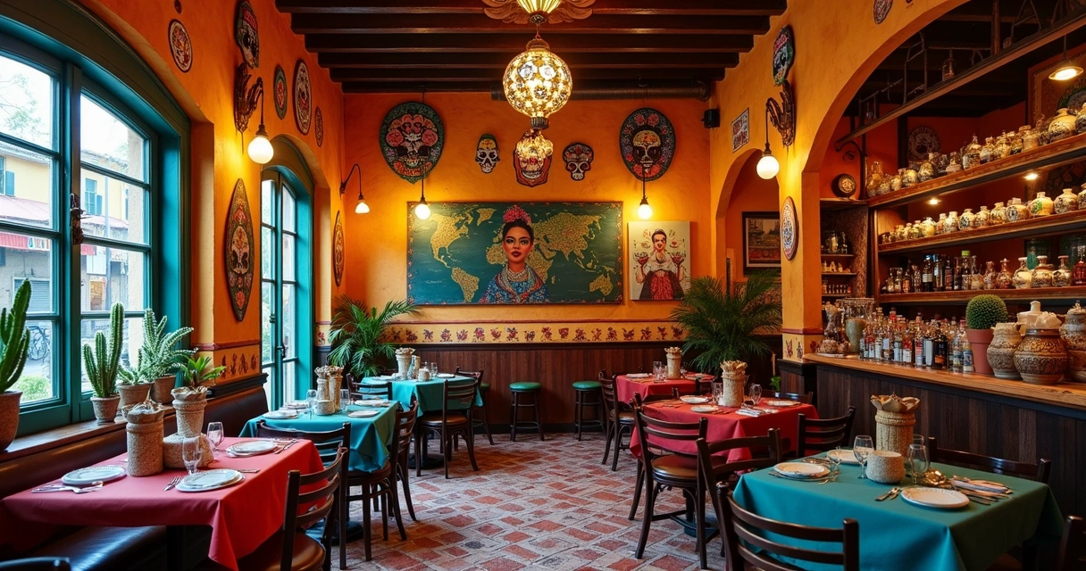 Decoração de restaurante mexicano com cerâmicas, tecidos bordados, caveiras e iluminação quente 