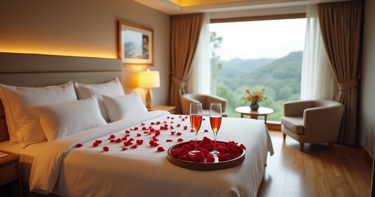 Quarto de hotel decorado para ocasião romântica
