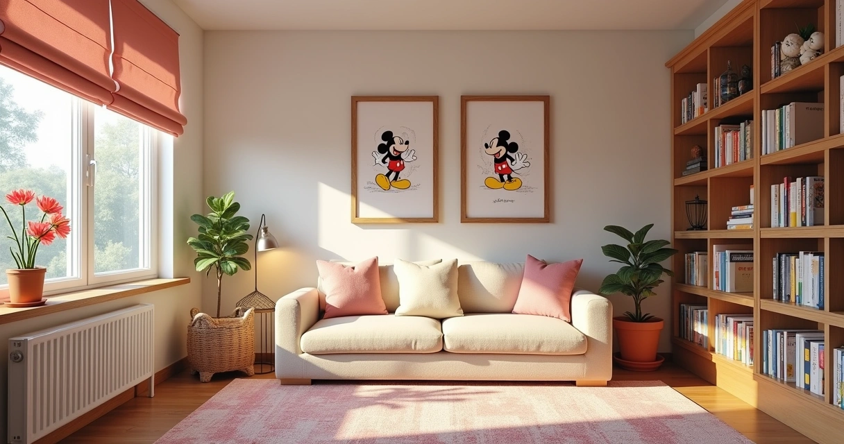 Sala de estar com decoração da Disney, incluindo pelúcias e almofadas de Mickey e castelos.