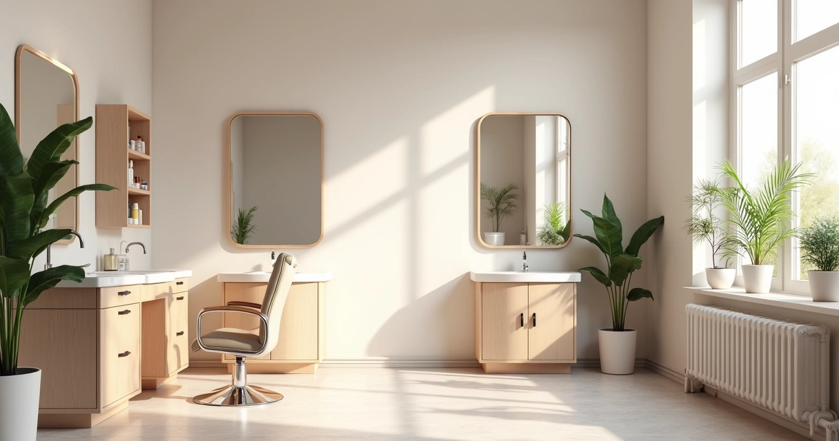 Salão de beleza pequeno com móveis claros e decoração simples e aconchegante. 