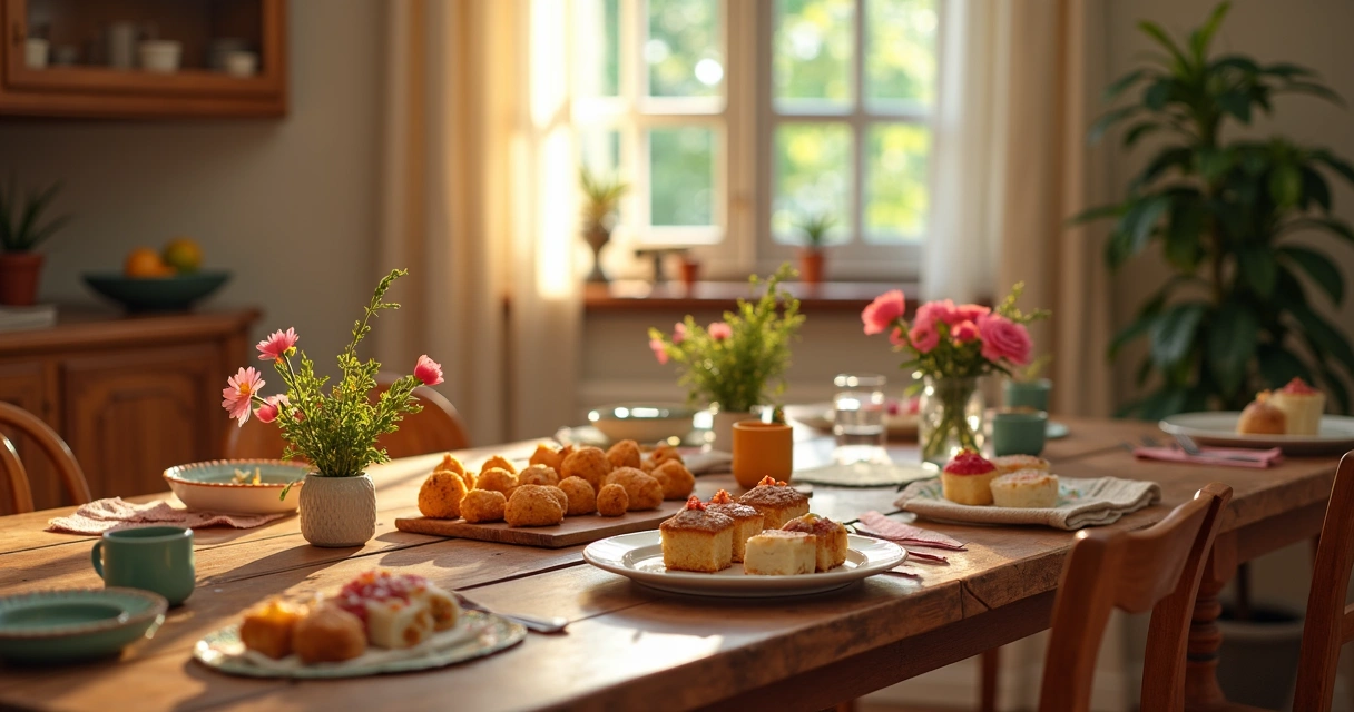 Festa com decoração simples e comida caseira na mesa 