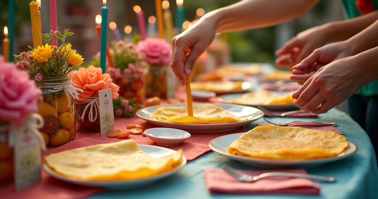 Mesa de festa decorada com elementos coloridos e crepes prontos para servir 