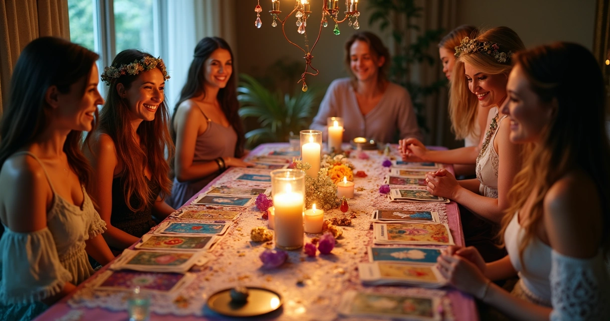 Decoração esotérica com cartas de tarô expostas em uma mesa de festa