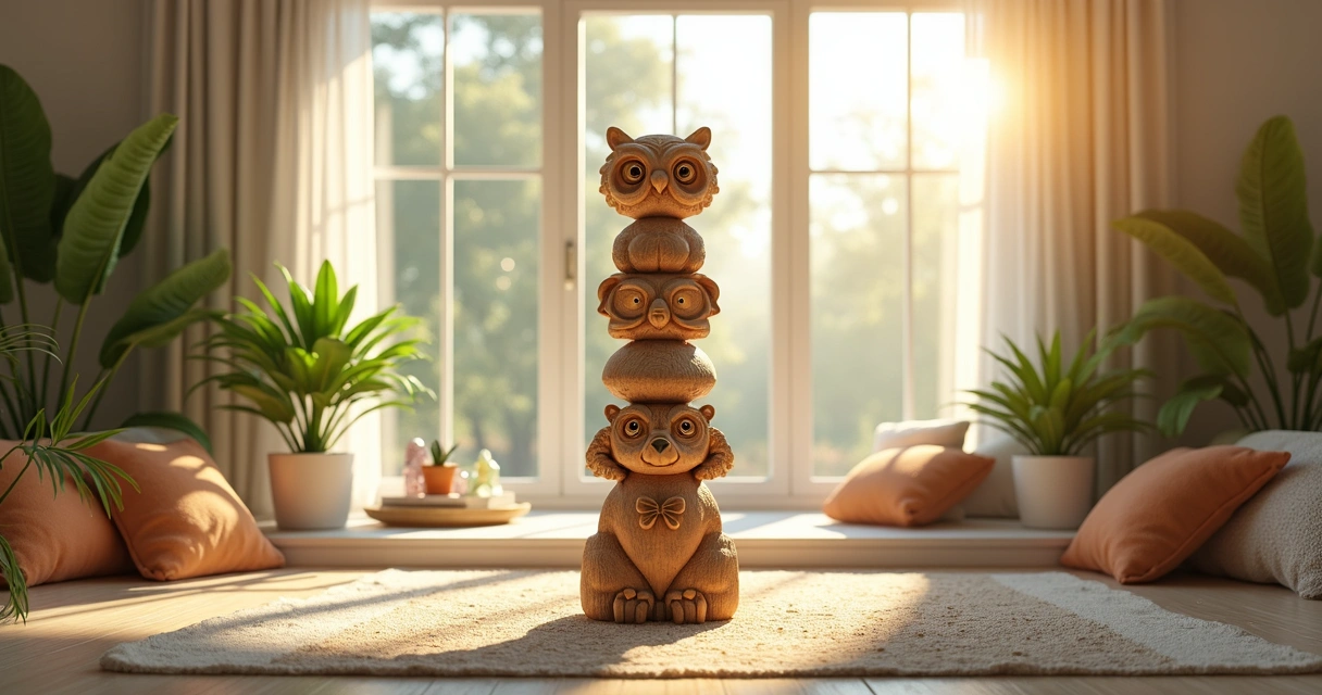 Totem animal decorativo em uma sala iluminada 