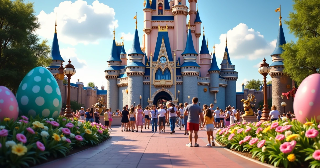 Decoração colorida de Páscoa com ovos gigantes e flores no jardim do Magic Kingdom 
