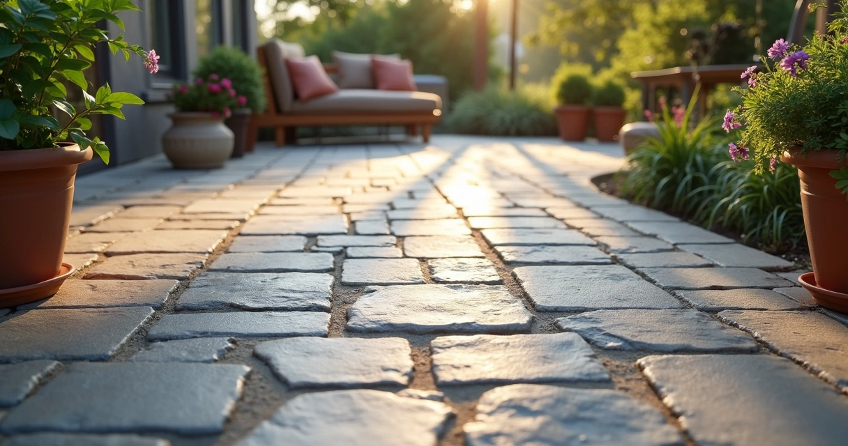 Stamped concrete patio with joints integrated into pattern 