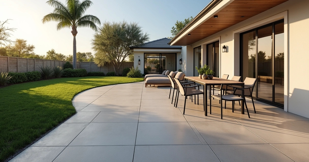 Modern concrete patio with decorative saw-cut grid pattern in Florida backyard 
