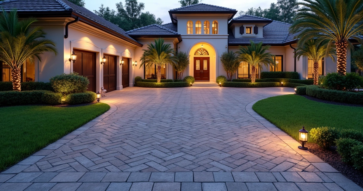 Decorative paver patterns with herringbone and border design 