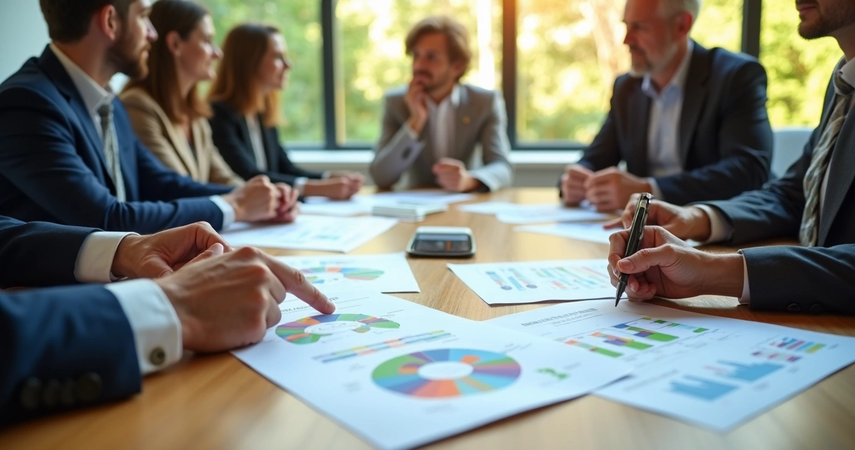 Mesa de reunião com documentos oficiais da lei, gráficos de reciclagem e pessoas discutindo projetos ambientais 