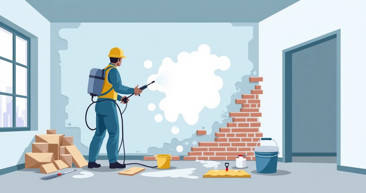 Profissional aplicando dedetização em obra inacabada 