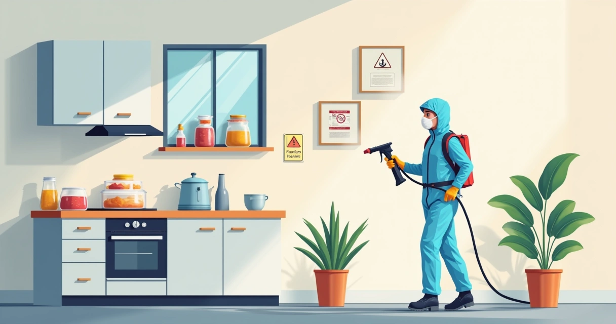 Profissional aplicando dedetização em cozinha residencial 