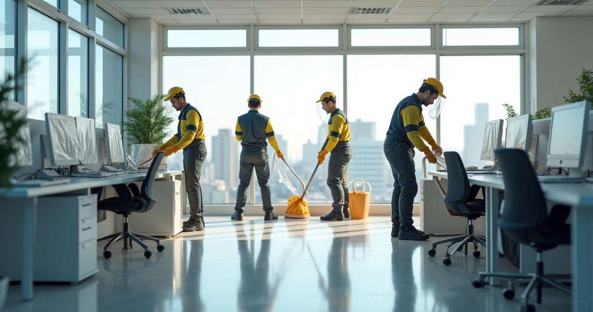 Como preparar ambientes para dedetização: checklist de 2026 2 Equipe organizando móveis em ambiente corporativo para dedetização