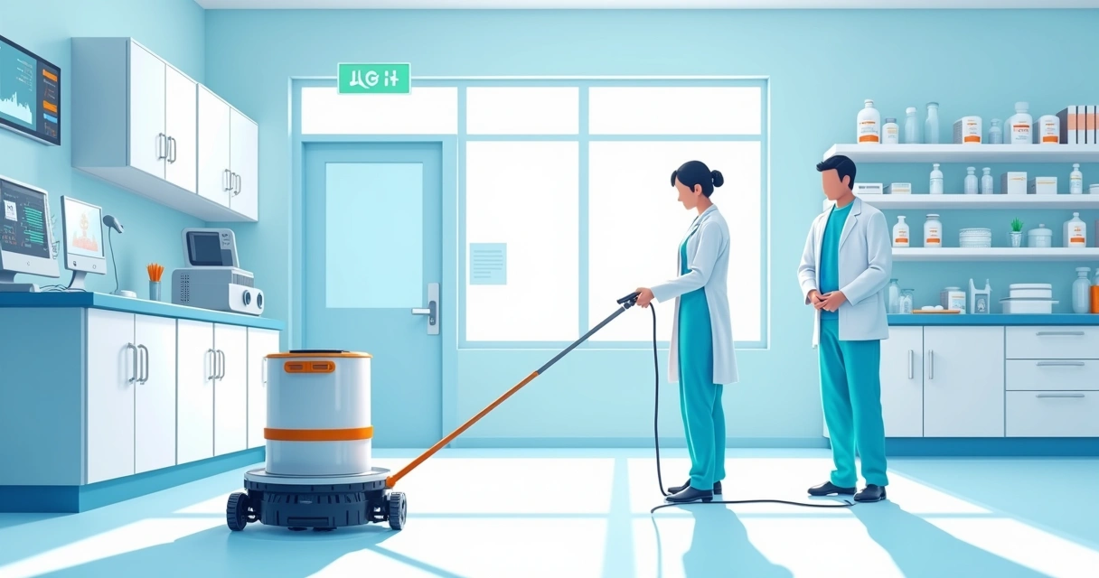 Robô de dedetização em hospital usando equipamento moderno 