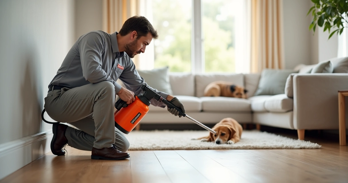 Técnico de dedetização aplicando produto em casa com cachorro e gato ao fundo 
